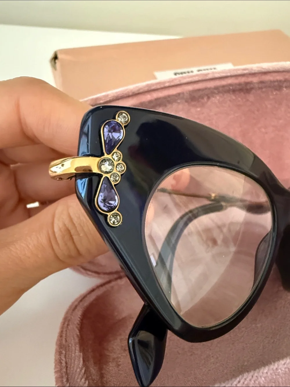Miu Miu Black Cat-Eye Glasses with Crystal Temple Accents